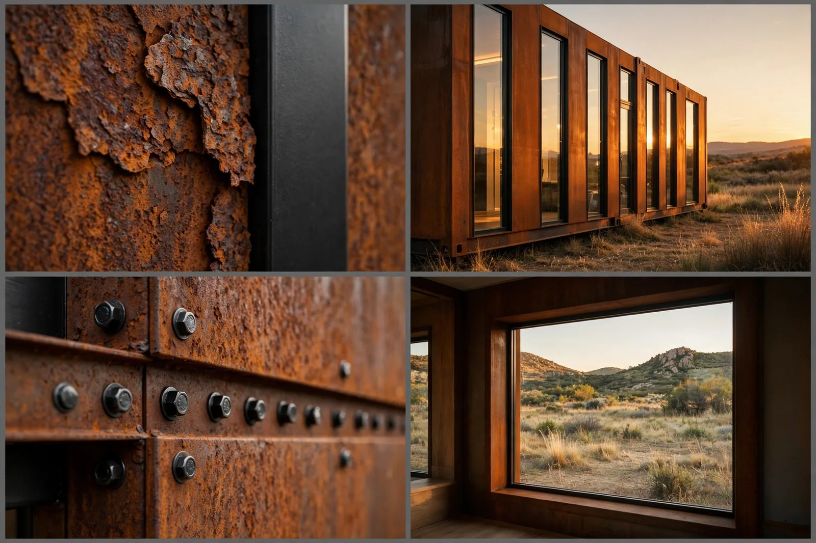 Four-panel collage of the corten frames: rust texture close-up, windows glowing at golden hour, rivet and bolt detail, interior view