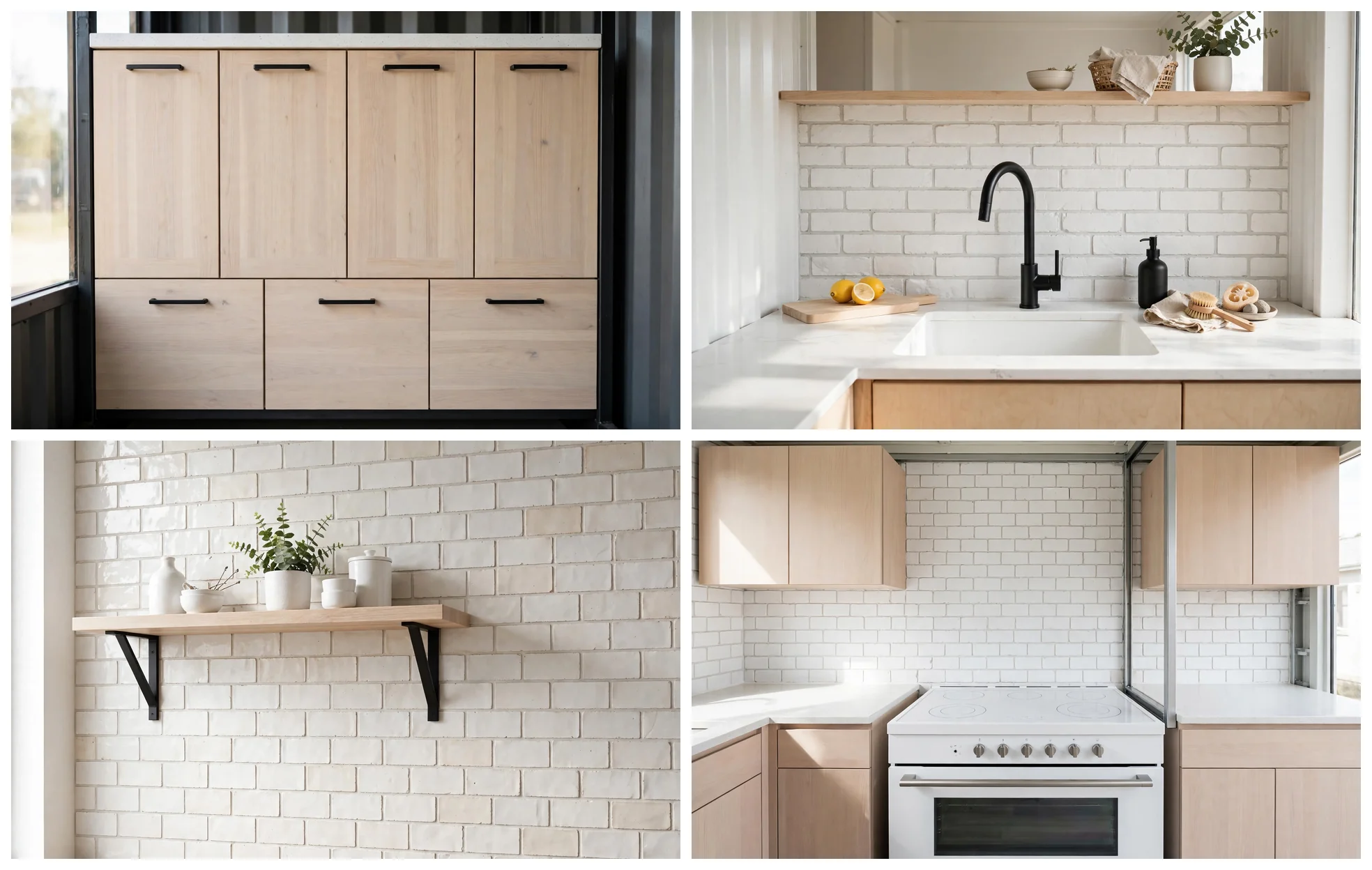 Detail collage of the Scandinavian White kitchen: ash cabinetry with black pulls, black faucet over white sink, subway tile with ash shelf, and white range with cooktop