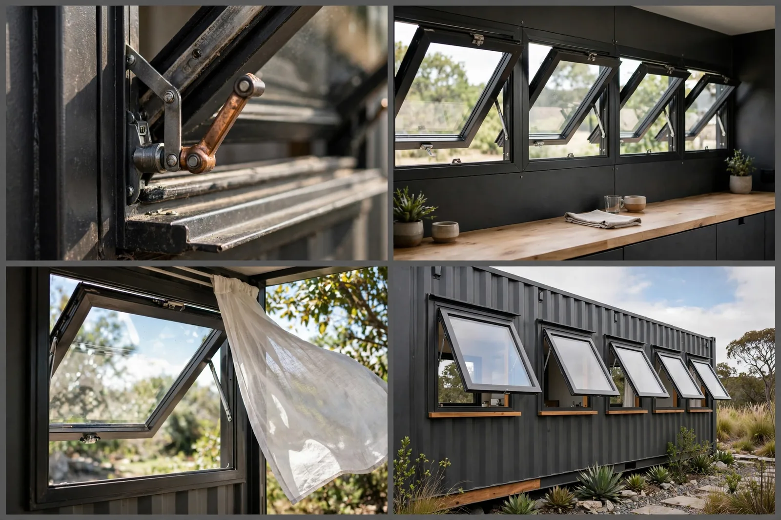 Four-panel collage of the awning windows: crank mechanism close-up, full row open over the counter, breeze through the opening, exterior view