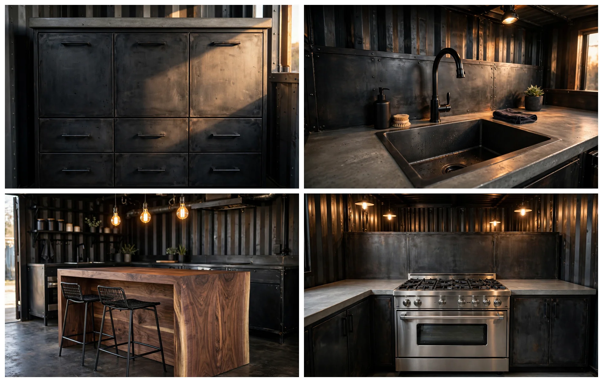 Detail collage of the Industrial Luxe container kitchen: blackened steel cabinetry, dark steel sink with black faucet, walnut waterfall island with metal stools, and stainless professional gas range