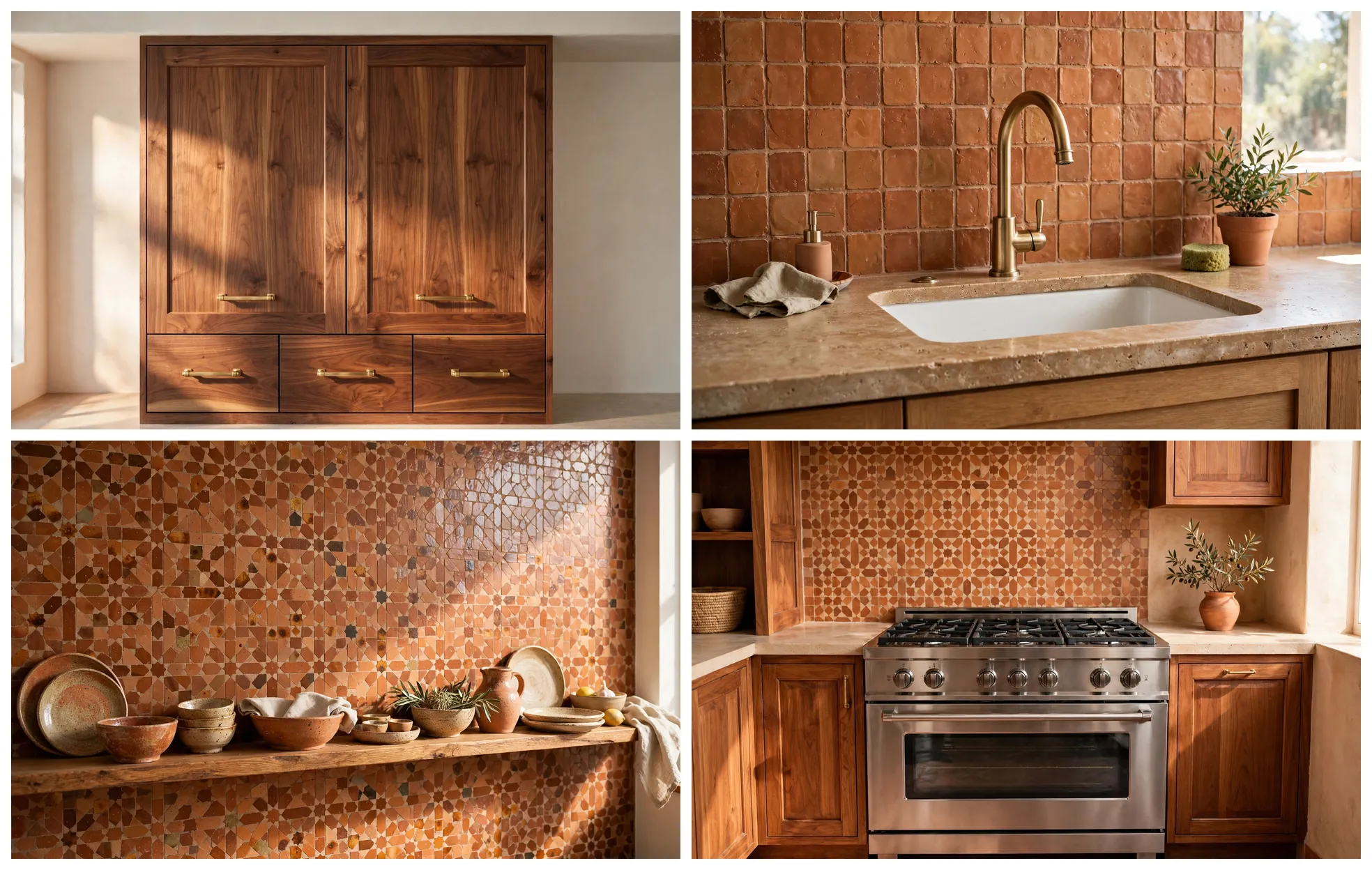 Close-up details of the Mediterranean terracotta kitchen: walnut cabinets with brass pulls, brass faucet sink, styled open shelf, and gas range
