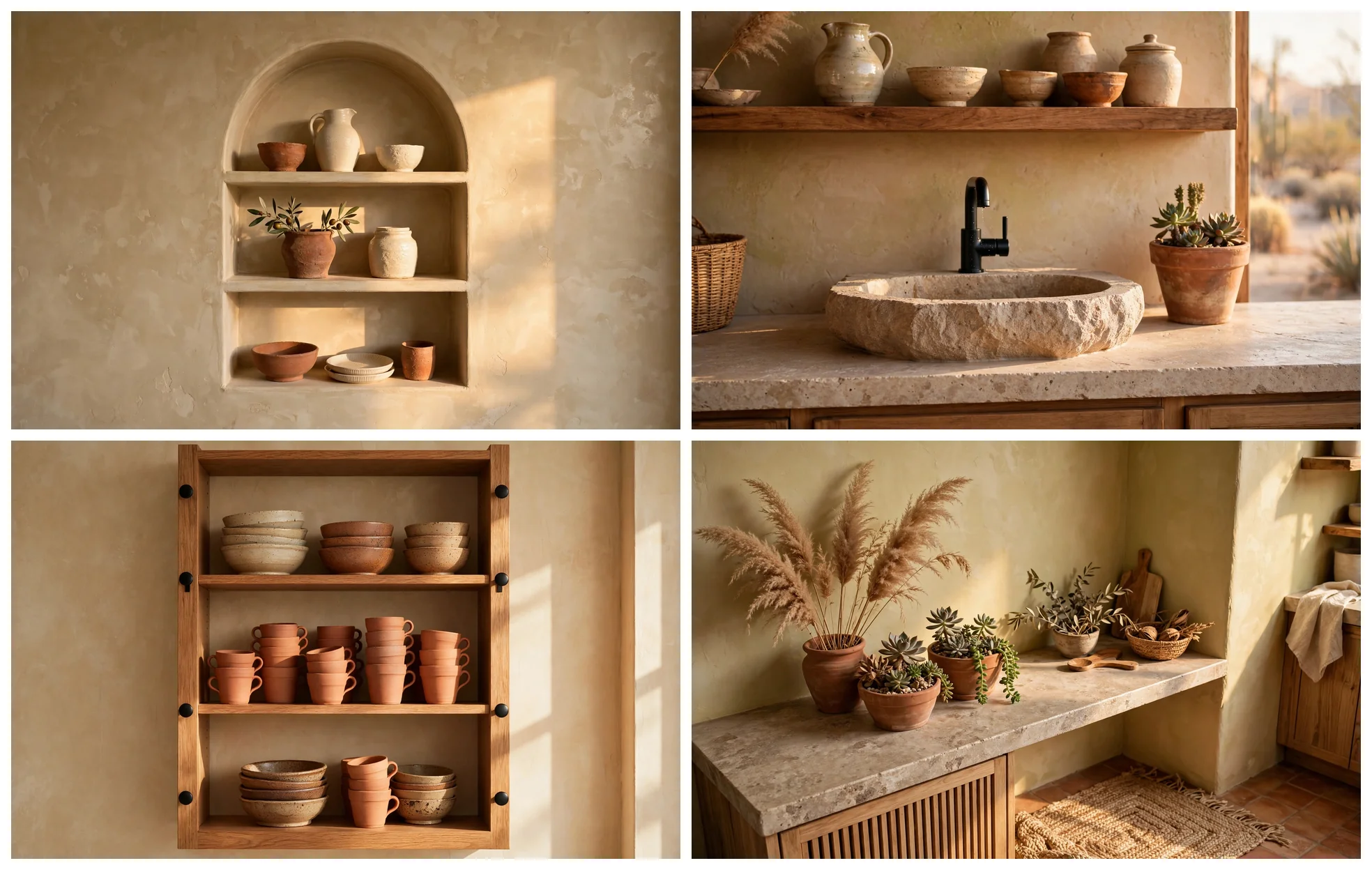 Detail collage of the Desert Boho kitchen: arched niche shelving with ceramics, stone vessel sink with black faucet, wood open cabinets, and terracotta styling with jute rug