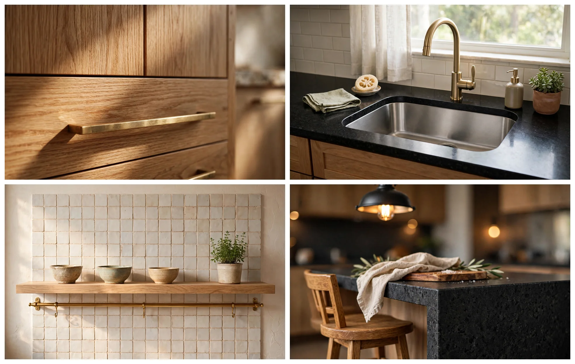 Detail collage of the warm oak container kitchen: cabinet hardware, sink and faucet, open shelving, and island close-ups