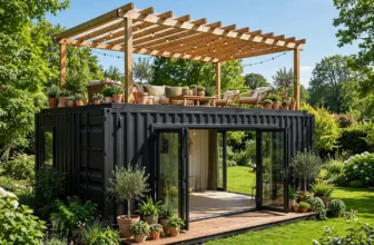 Container guest house with rooftop deck and pergola in bright daylight