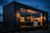 Container home kitchen glowing warm at dusk seen through glass wall