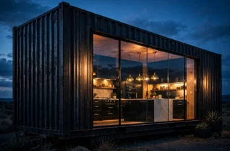Container home kitchen glowing warm at dusk seen through glass wall