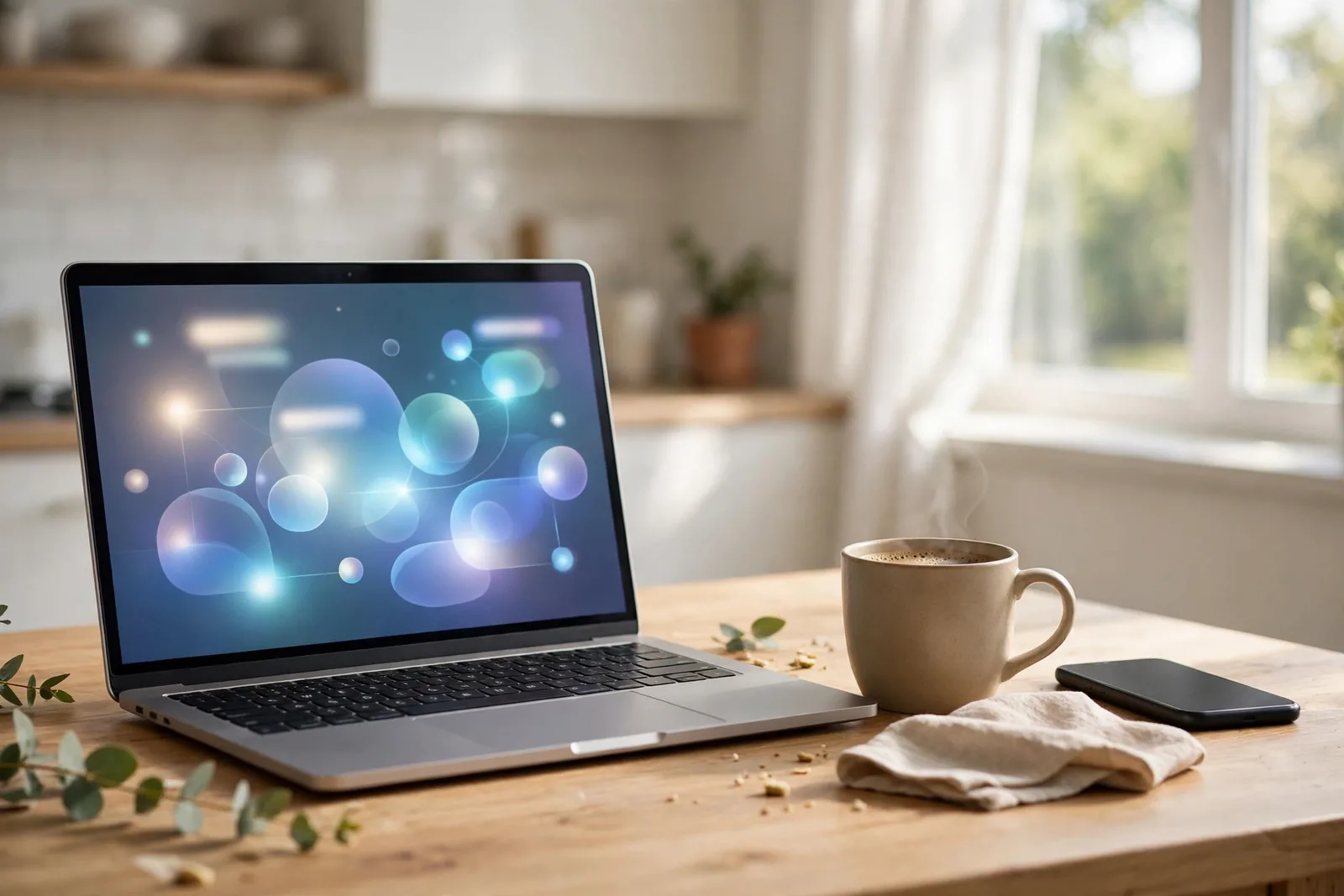 A laptop on a kitchen table in morning light with a glowing chat window