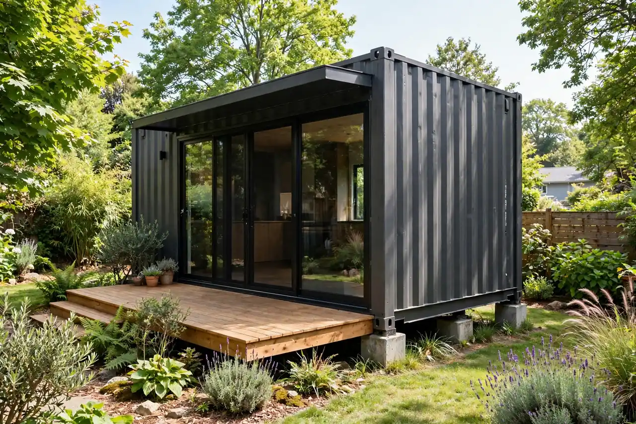 Modern shipping container guest house with floor-to-ceiling glass wall and wood deck in a lush backyard