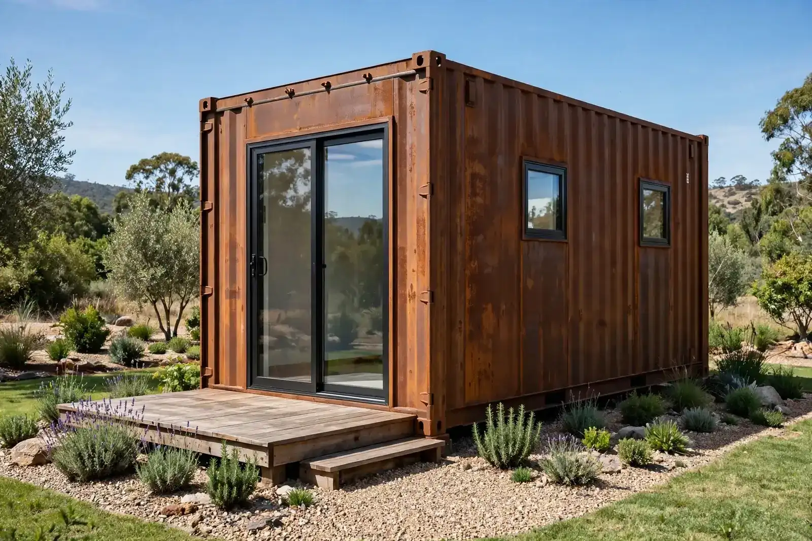 Exterior of a corten steel 20-foot container studio pod with glass sliding doors and a wooden deck in bright daylight.