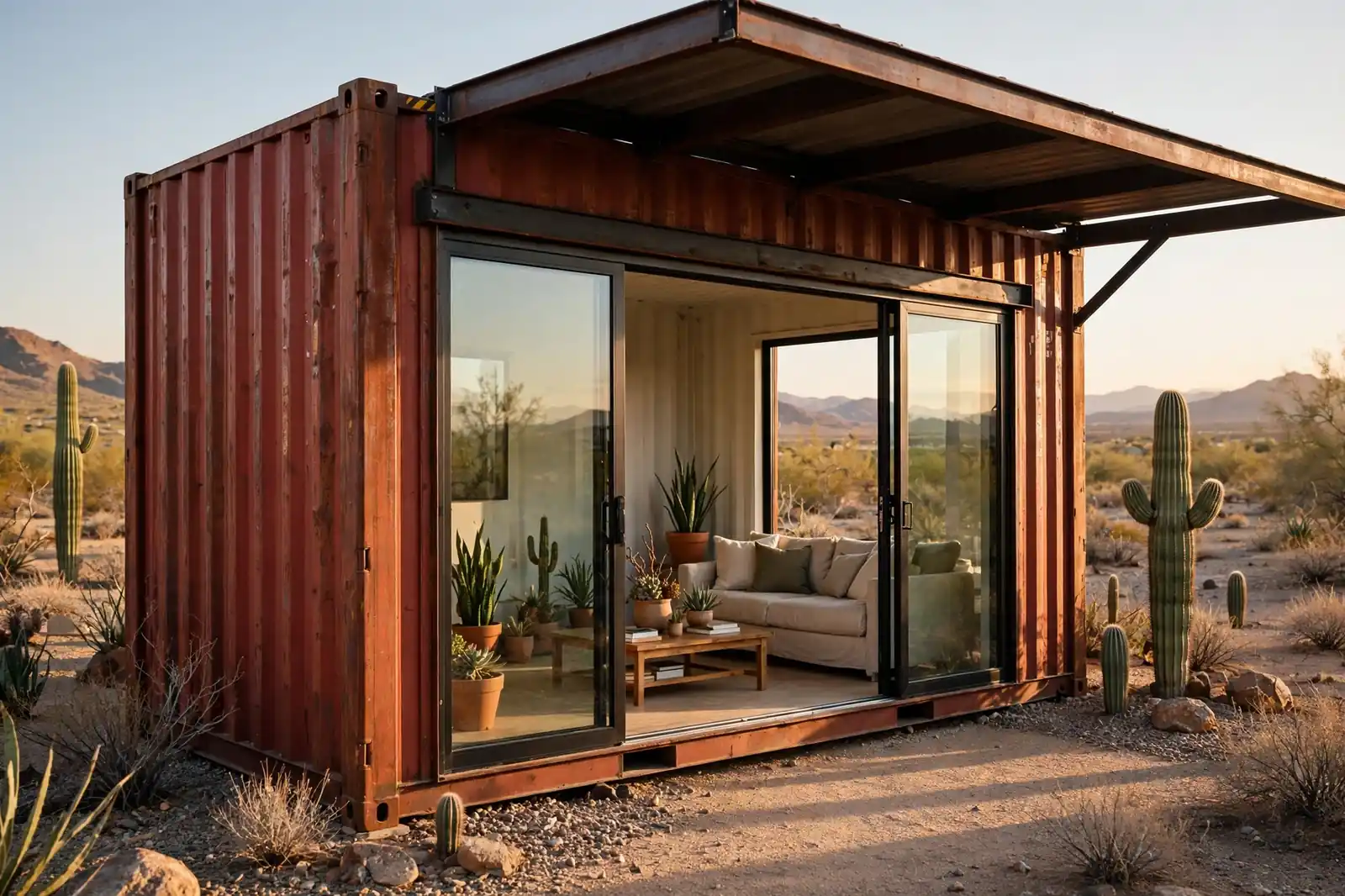 Rust-red shipping container home in the desert with one entire long side as floor-to-ceiling sliding glass doors opened halfway, steel overhang roof, sofa and plants visible inside, saguaro cacti and gravel landscaping in late afternoon light