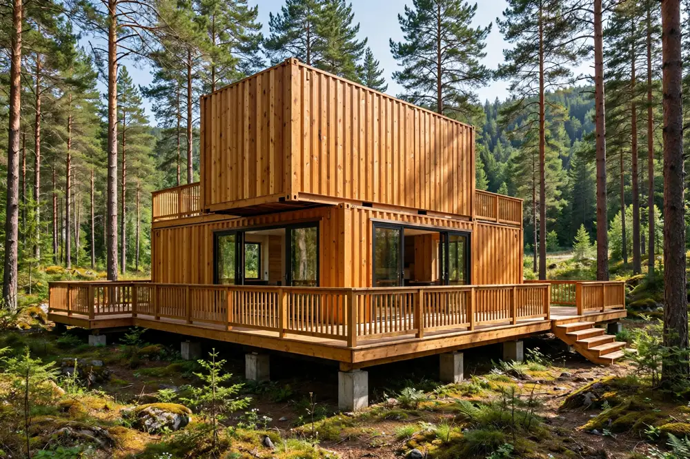 Container home fully clad in vertical western red cedar boards, set in a pine forest clearing with a wraparound wooden deck