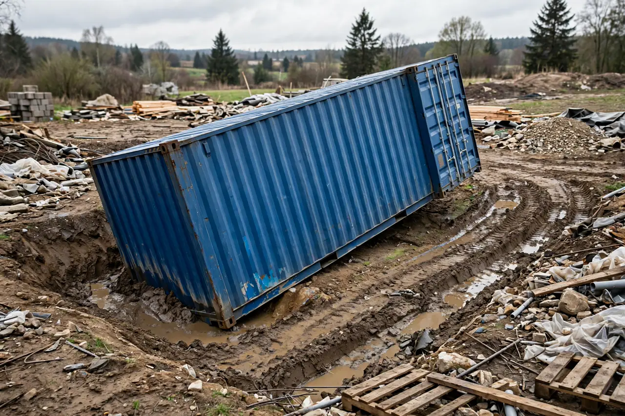 Blue shipping container sinking crooked into muddy ground with no concrete footings, construction debris around it