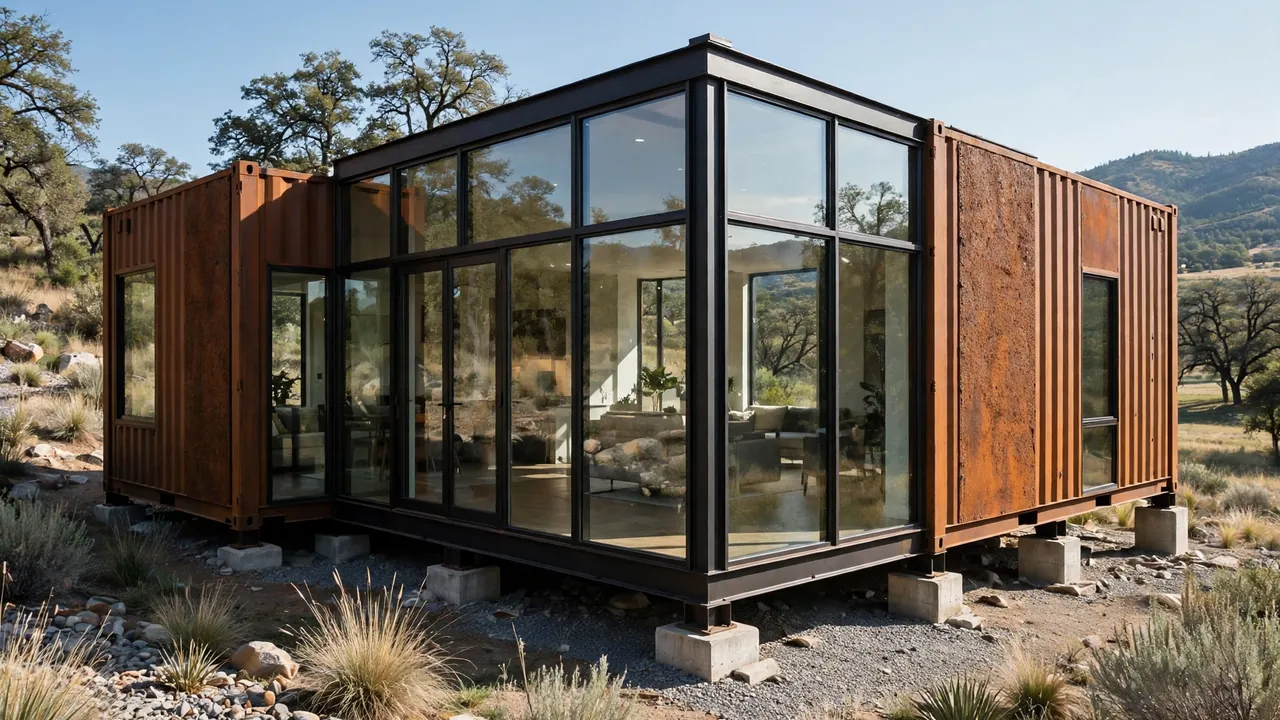 Modern container home with oversized floor-to-ceiling glass corner walls and black steel framing on concrete piers
