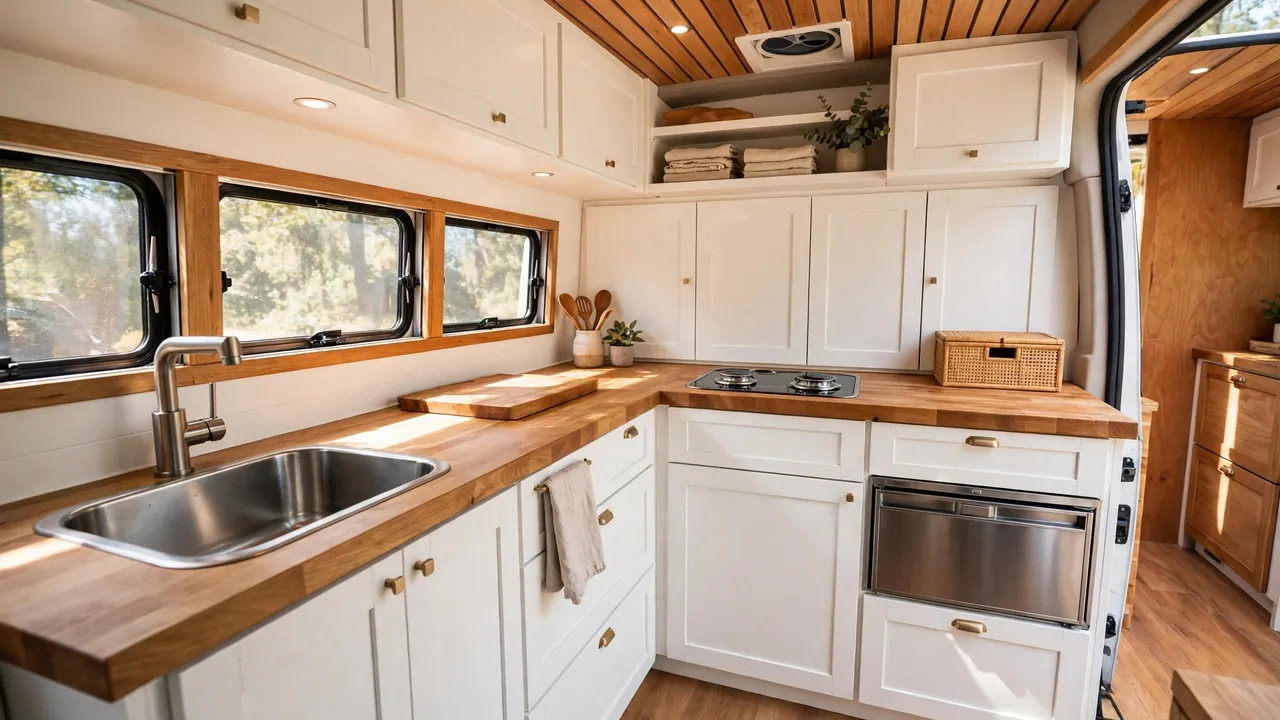 Camper van interior with L-shaped galley kitchen and butcher block countertops