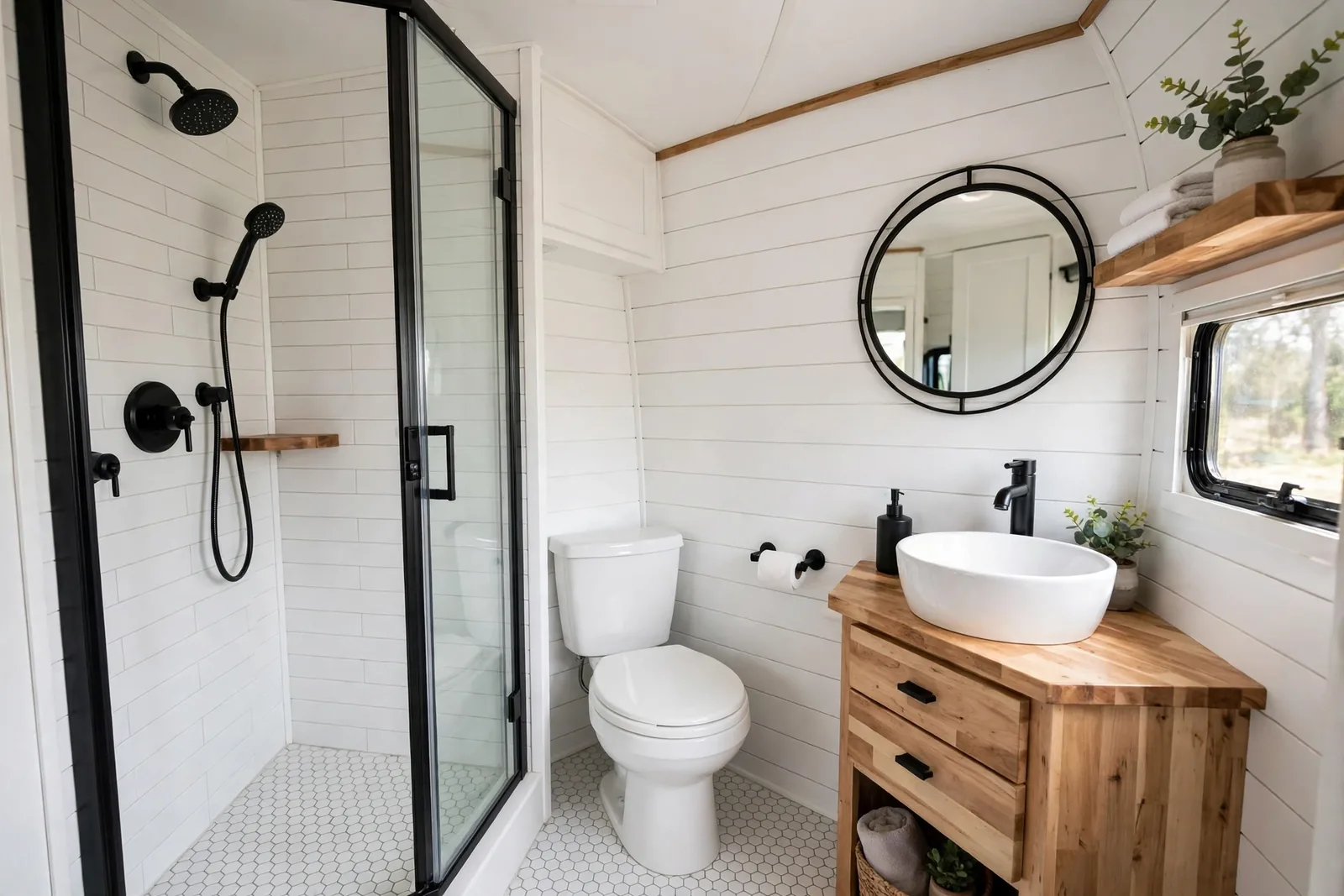 RV bathroom remodeled with white shiplap walls, black matte fixtures, butcher block vanity, hex tile shower floor