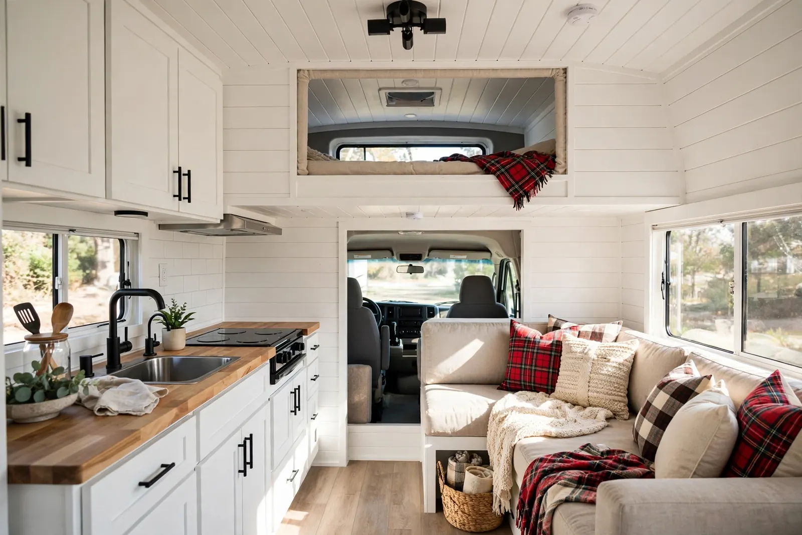 A bright renovated Class C motorhome interior with white shiplap walls, white shaker cabinets with black hardware, butcher-block countertops, and plaid throws and cushions on the lounge, with the cab-over bunk dressed in a red plaid blanket above the cab.