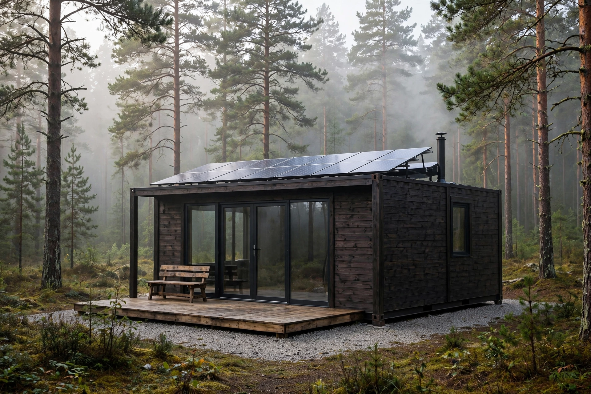 Off-grid container cabin with dark wood cladding, solar panels and a deck with bench in a misty pine forest