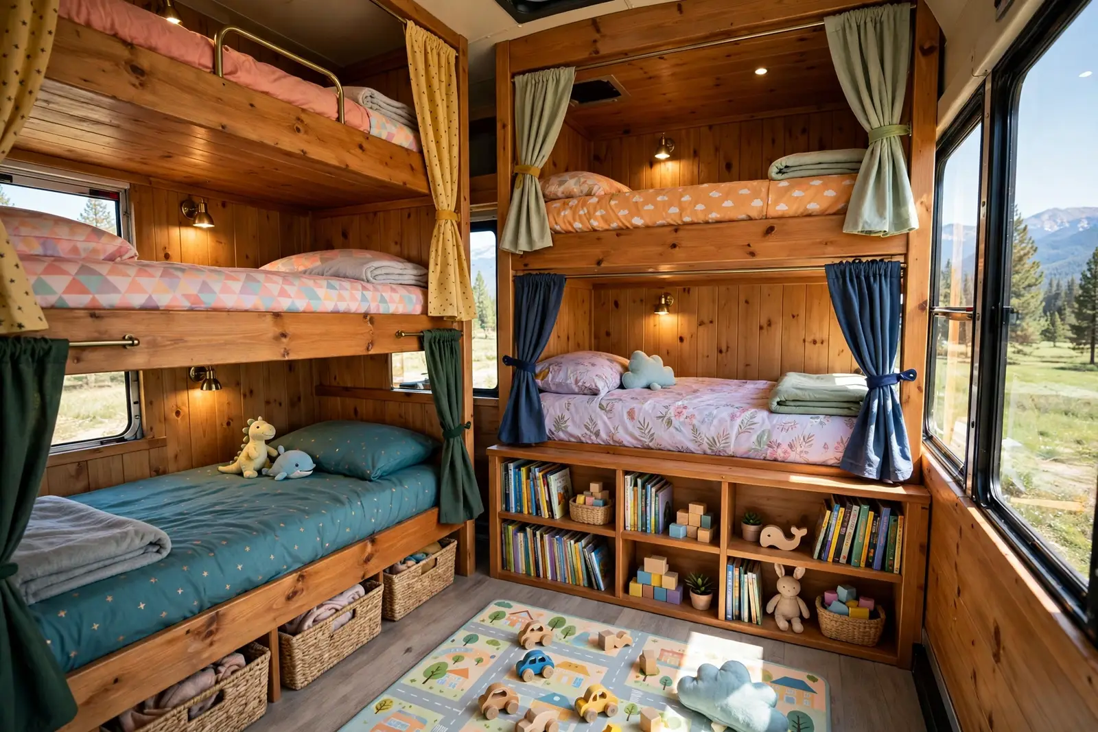 Four bunk beds along the wall of a skoolie bus conversion kids bedroom