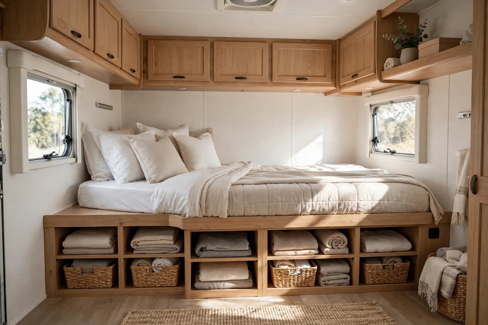 Photorealistic RV bedroom with a low platform queen bed and open storage cubbies built into the base