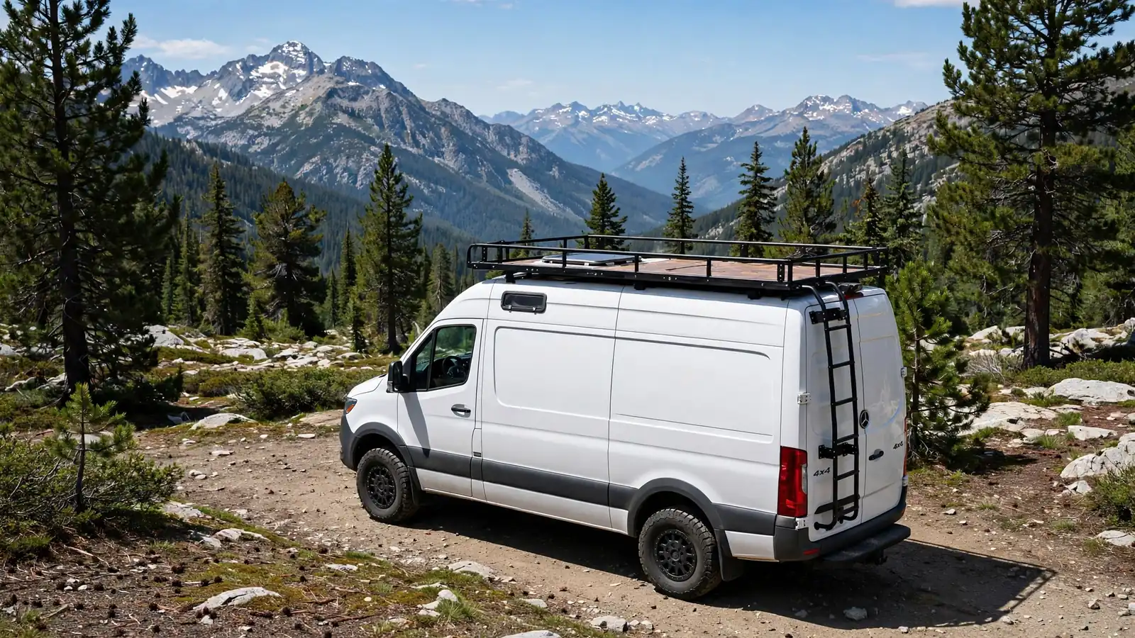 Full-length rooftop deck with black steel railing on a Sprinter 4x4 at a mountain campsite