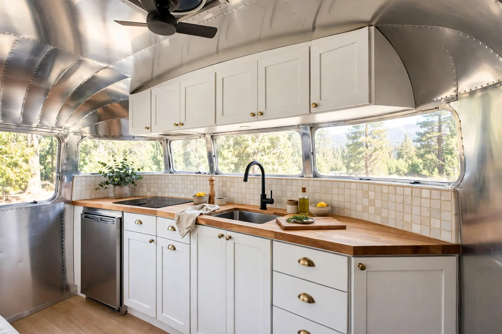 Renovated vintage Airstream galley kitchen with butcher block counters, white shaker cabinets, brass hardware, and black faucet