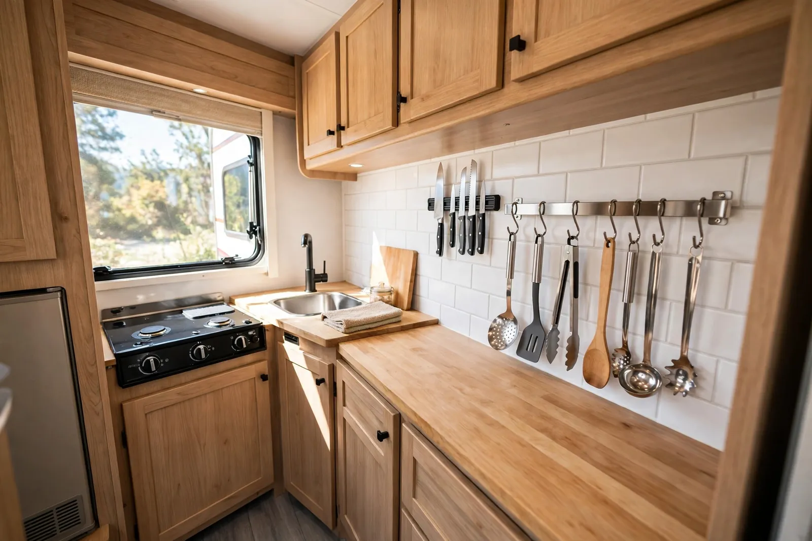 RV galley kitchen with magnetic knife strip and utensil rail on the backsplash wall