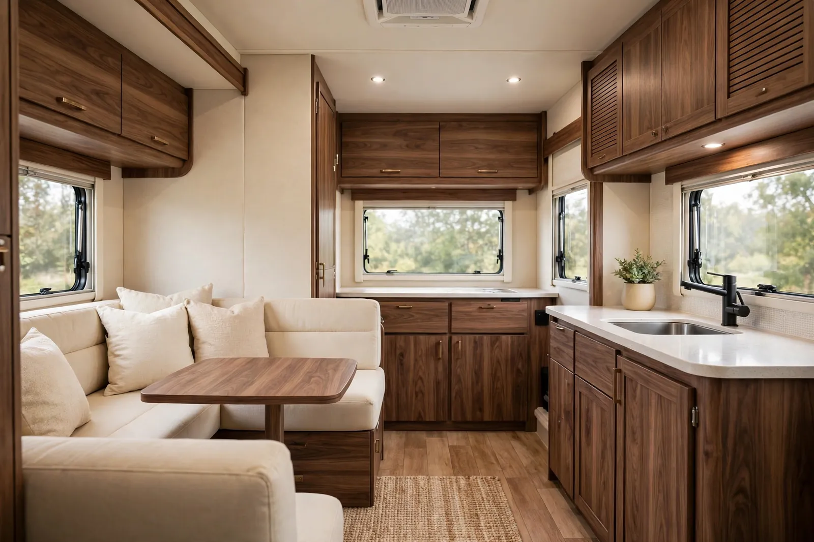Warm cream motorhome interior with walnut cabinets