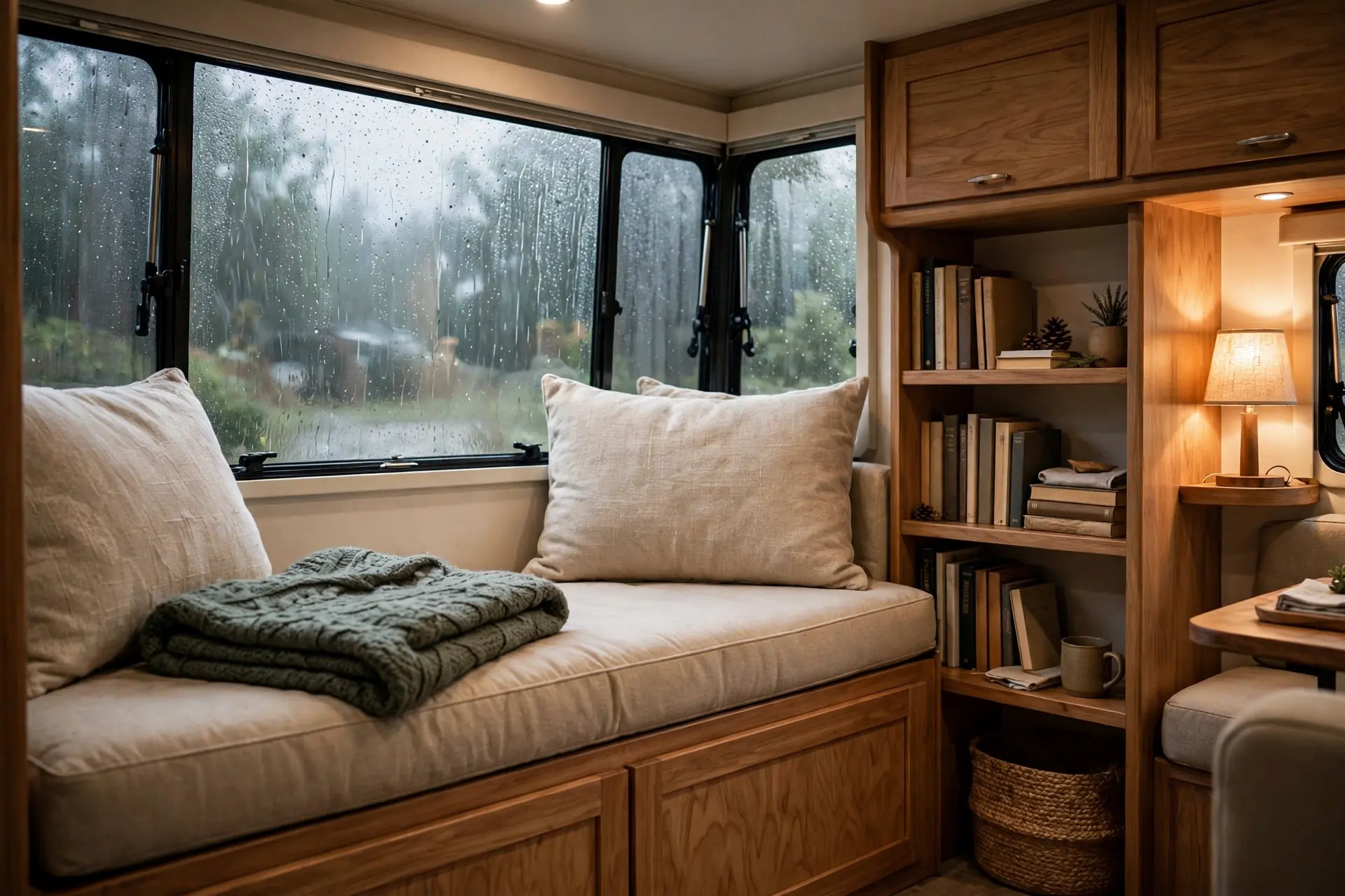 RV living room with a built-in window seat, thick cushions and a throw blanket beside a rain-streaked window