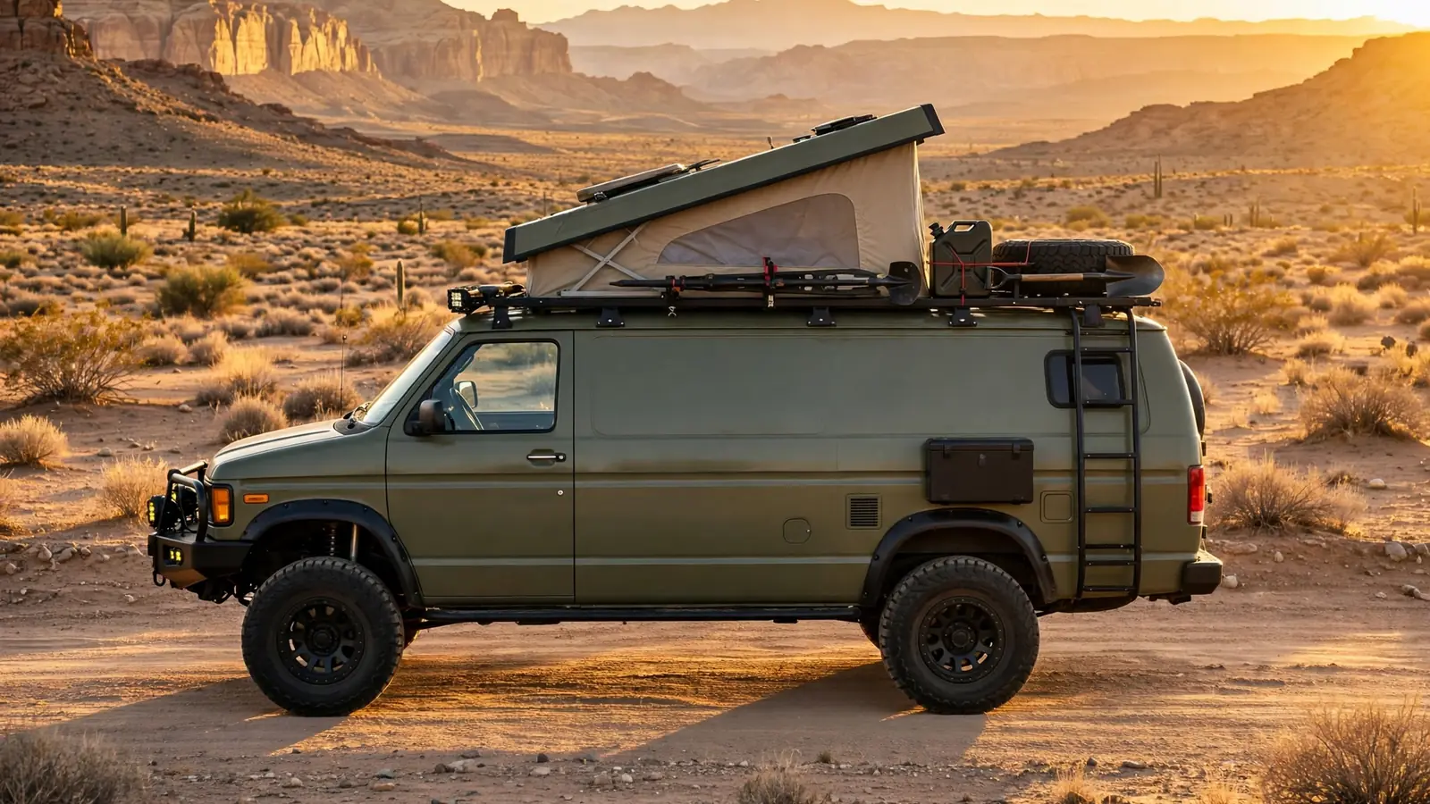 Lifted 4x4 camper van with all-terrain tires and roof rack on a desert dirt track at golden hour