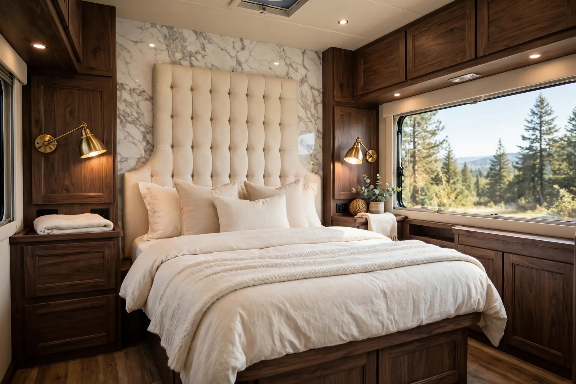 Luxury motorhome master bedroom with marble accent wall, walnut cabinetry and brass lamps