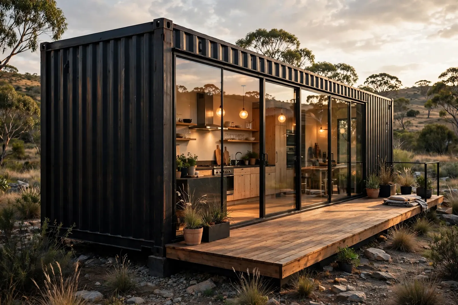 Floor-to-ceiling glass wall replacing one full side of a dark container home, kitchen glowing inside