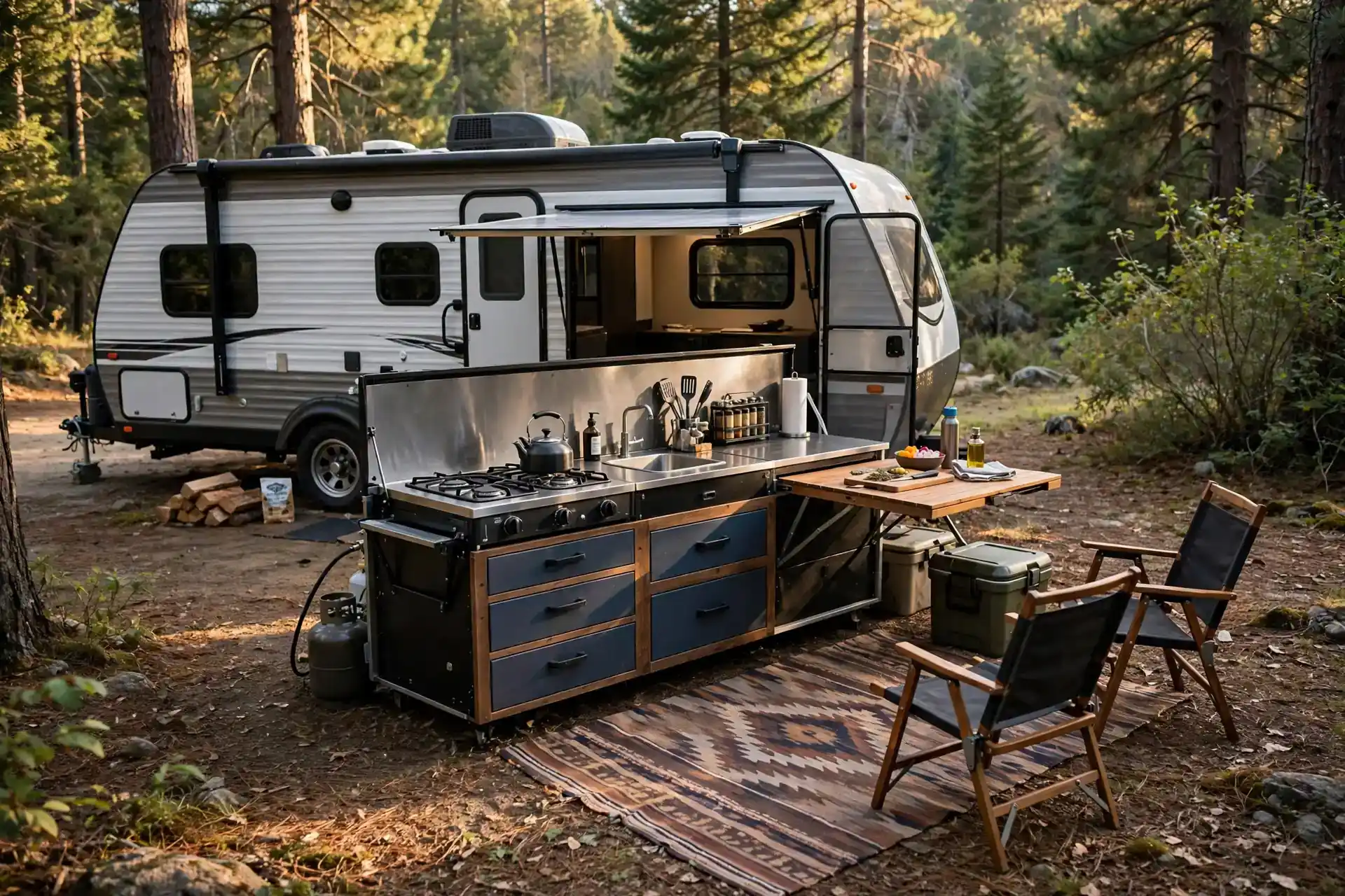 Slide-out camp kitchen pulled out beside a travel trailer at a wooded campsite
