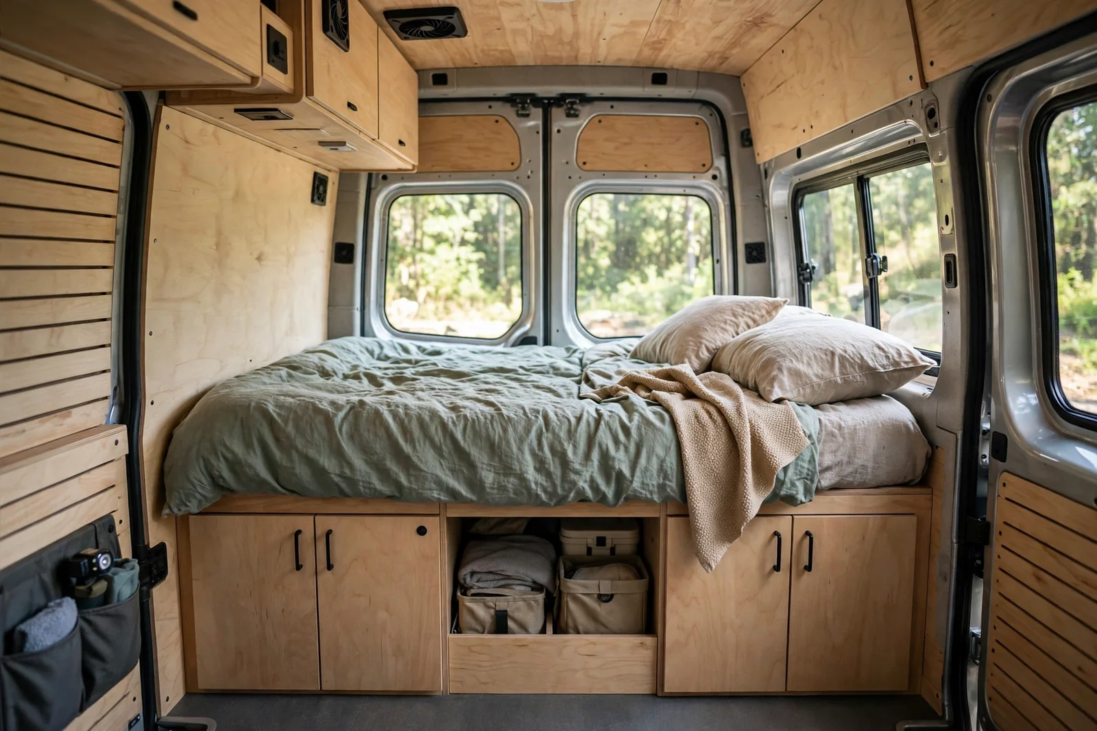 Full-width fixed transverse double bed across the rear of a long-wheelbase camper van, made up with sage-green bedding and beige pillows, with light-wood storage cabinets underneath and rear doors with windows visible