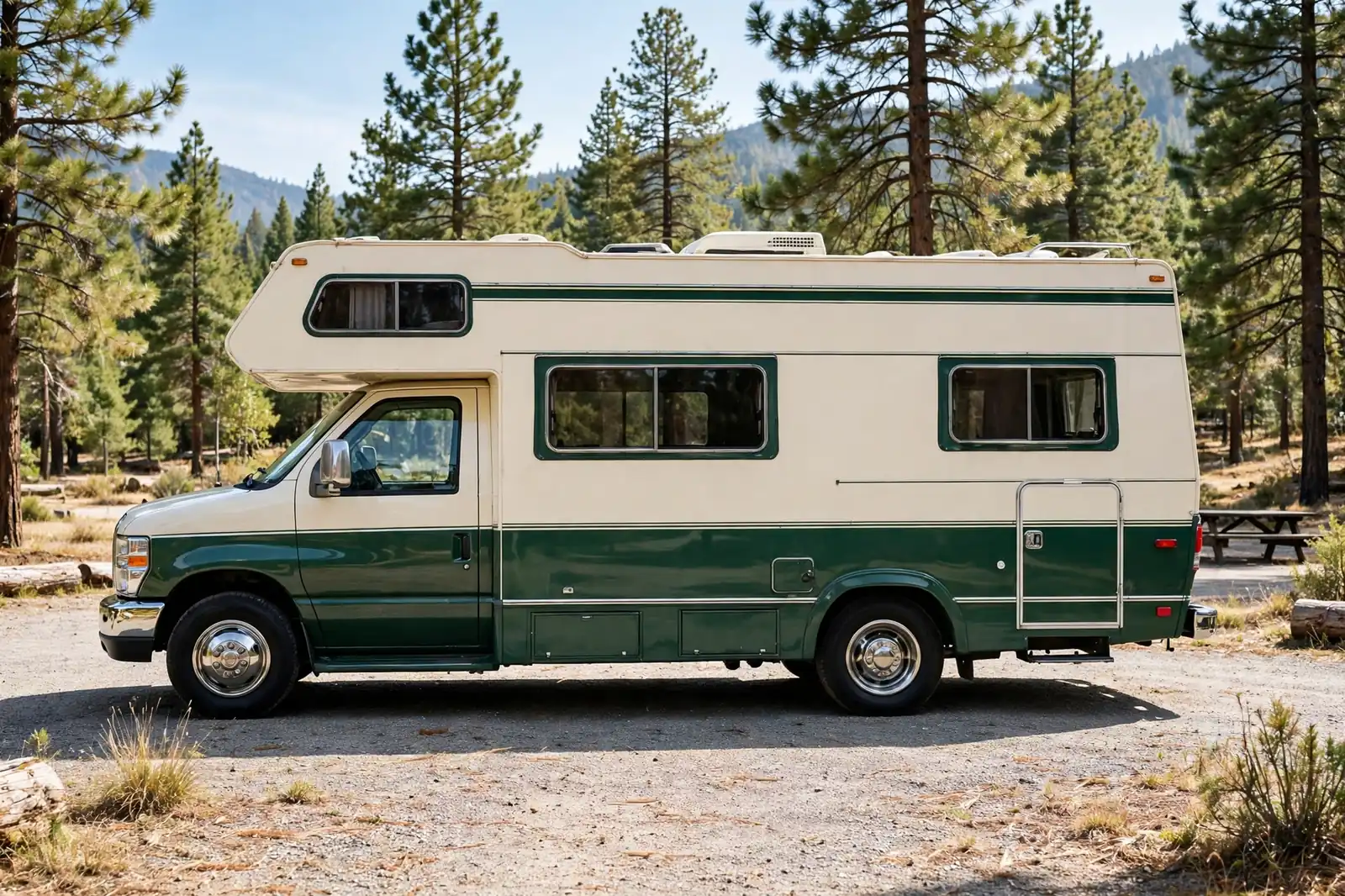 Classic two-tone cream and forest green motorhome exterior, full side view