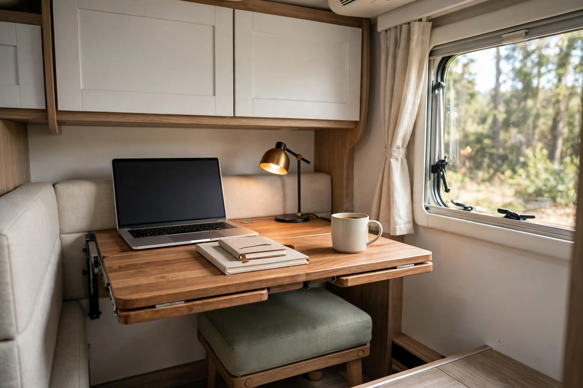 A fold down wooden wall desk in an RV with a laptop, brass desk lamp, notebooks and a coffee mug under white overhead cabinets beside a window