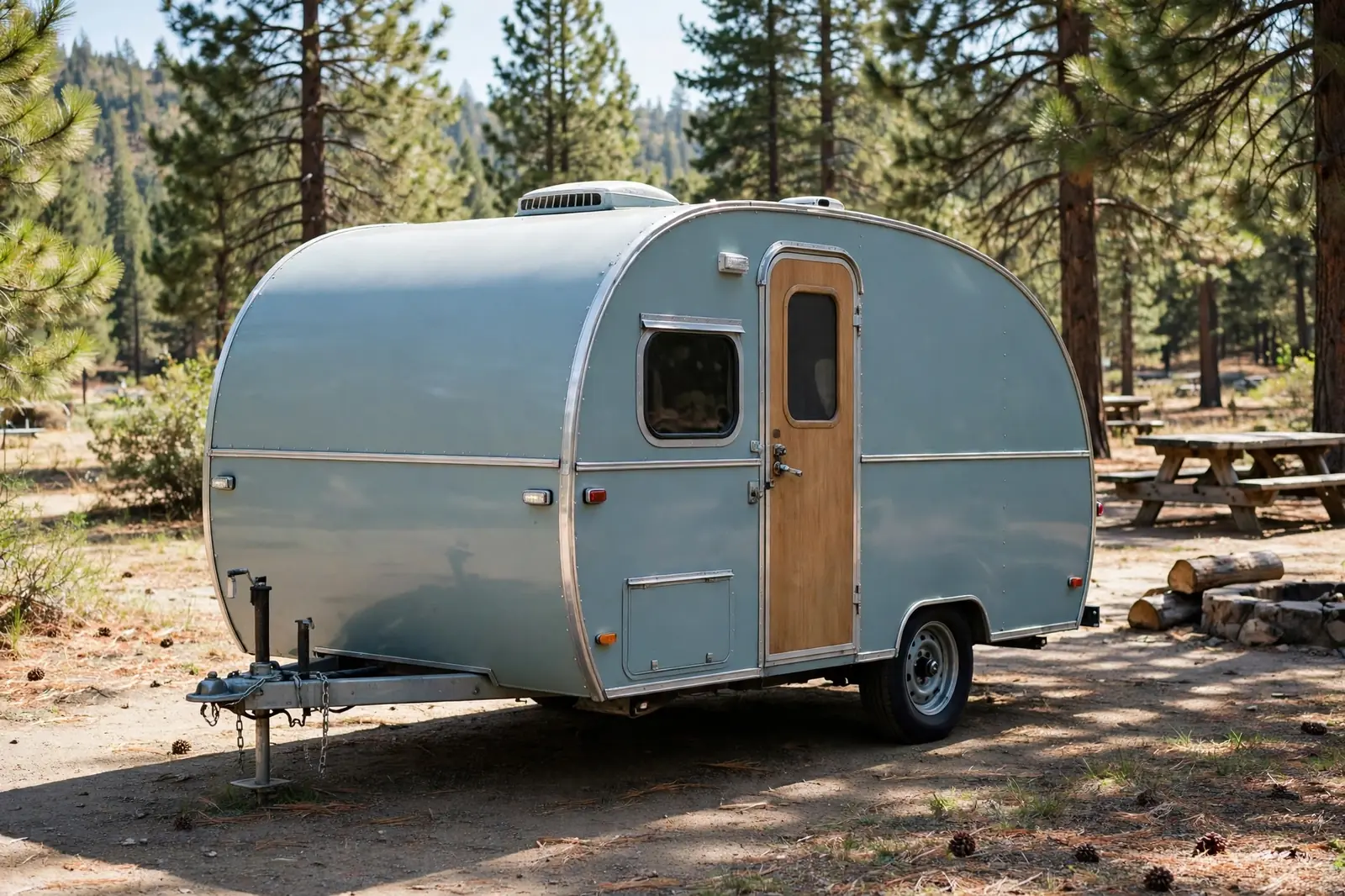 A compact light-blue teardrop camper trailer parked at a sunny pine campground
