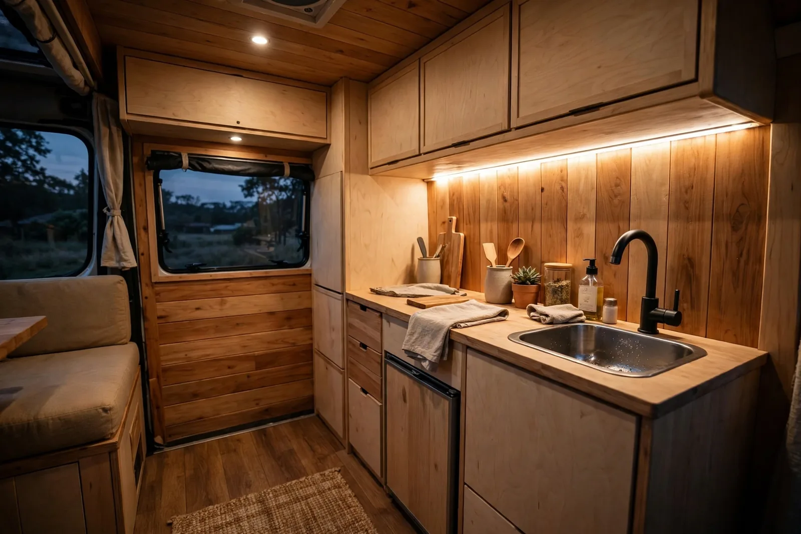 Cozy camper van kitchen at dusk with warm white LED strip lighting glowing under light-wood overhead cabinets above a small countertop and sink