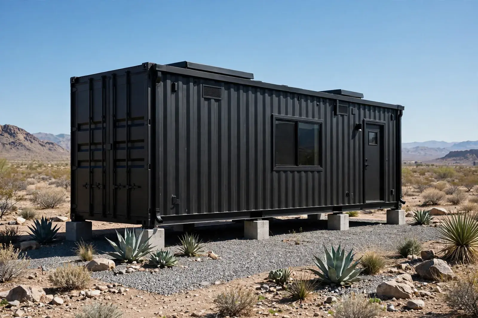 Single 40ft container home painted matte black on low concrete piers with gravel bed and desert planting