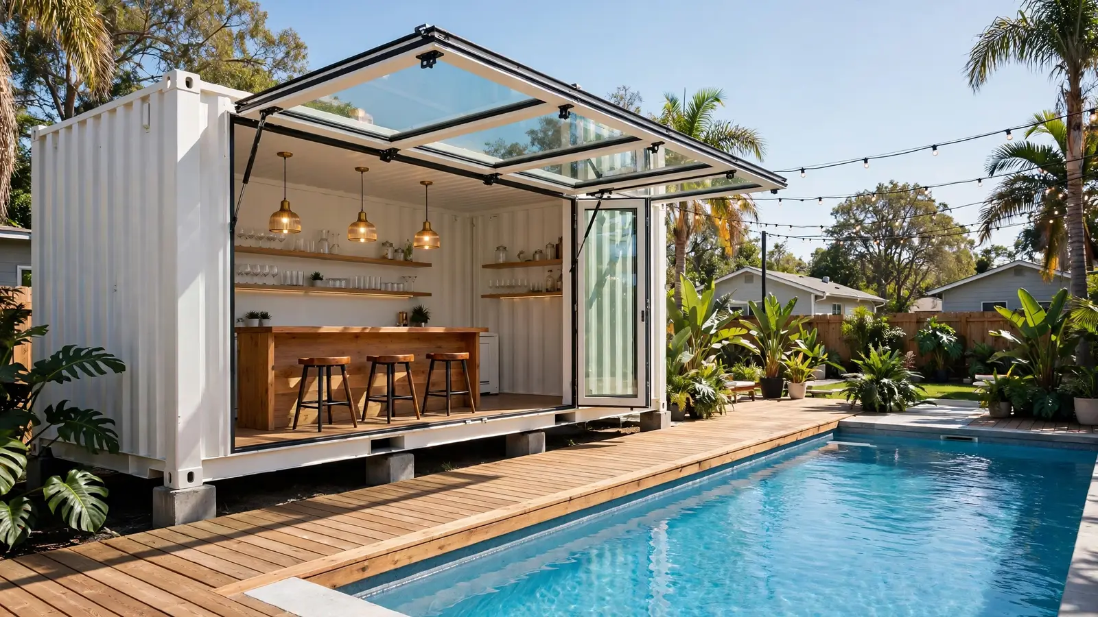 A 40ft white container cabana bar with open glass hatch wall beside a turquoise pool