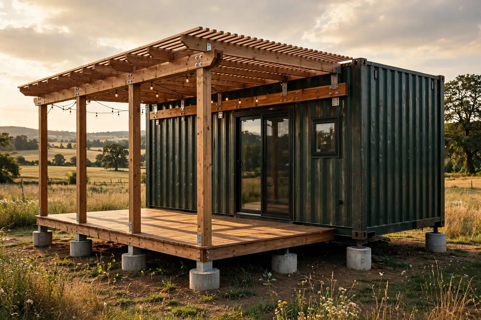 Dark-green shipping container cabin on concrete piers with a cedar timber pergola with slatted roof over a wooden deck patio at sunset.