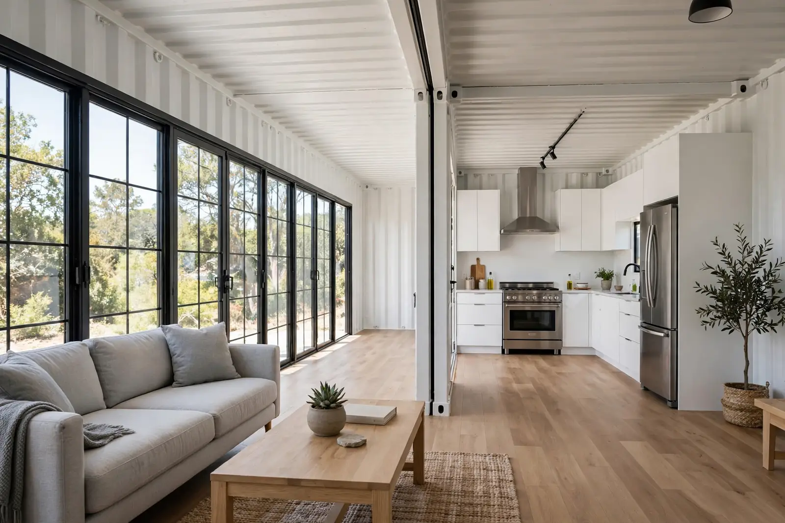 Open-plan container living room made from two joined shipping containers with a full-length cutout, grey sofa, oak coffee table and full-size kitchen