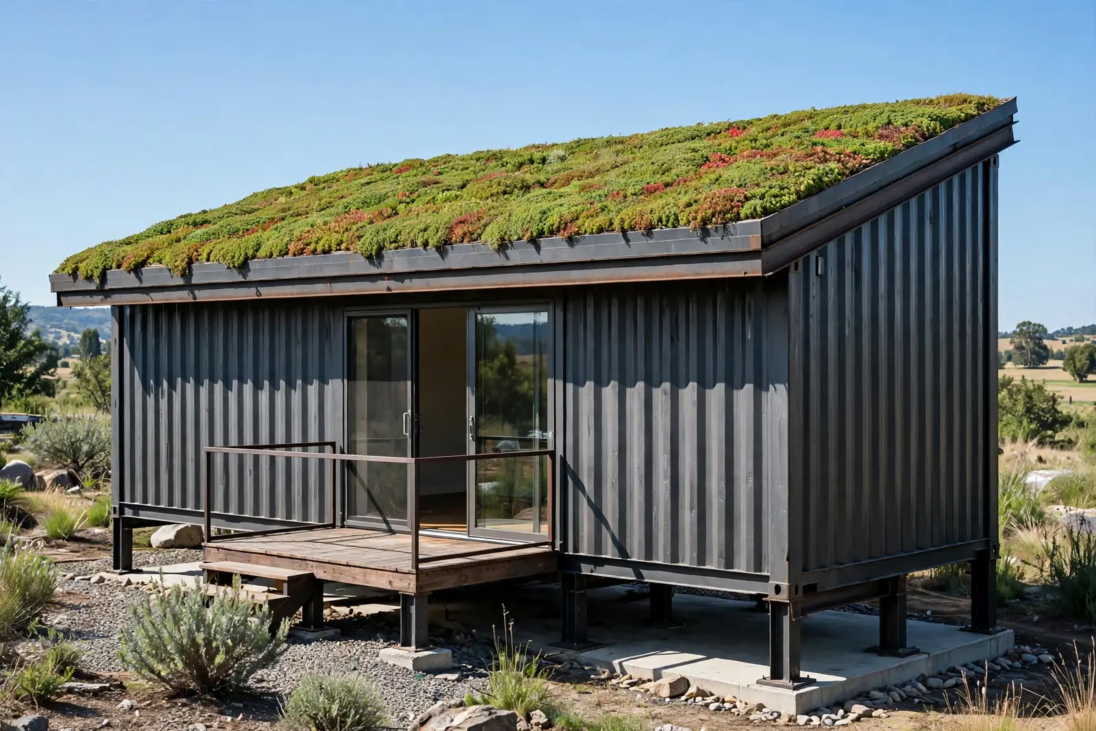 Single-story dark shipping container home on steel piers with a full sedum blanket green roof in green and red tones