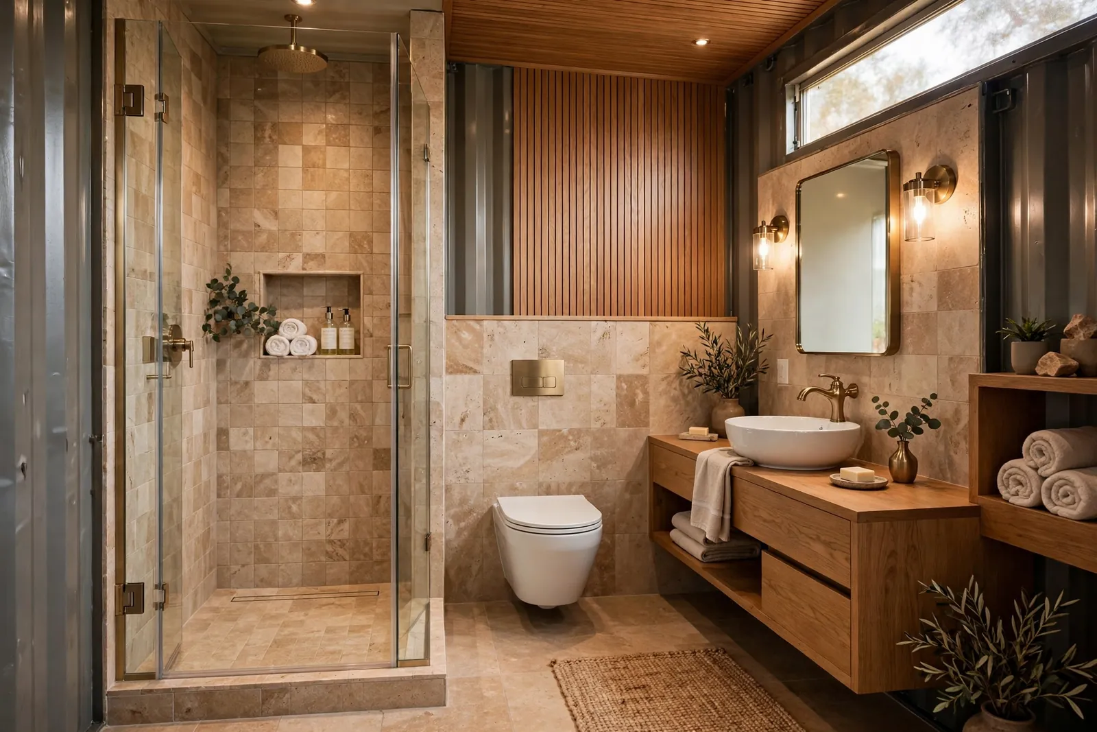 Complete container home bathroom with warm oak floating vanity, travertine tile walk-in shower, wall-hung toilet and brushed brass fixtures