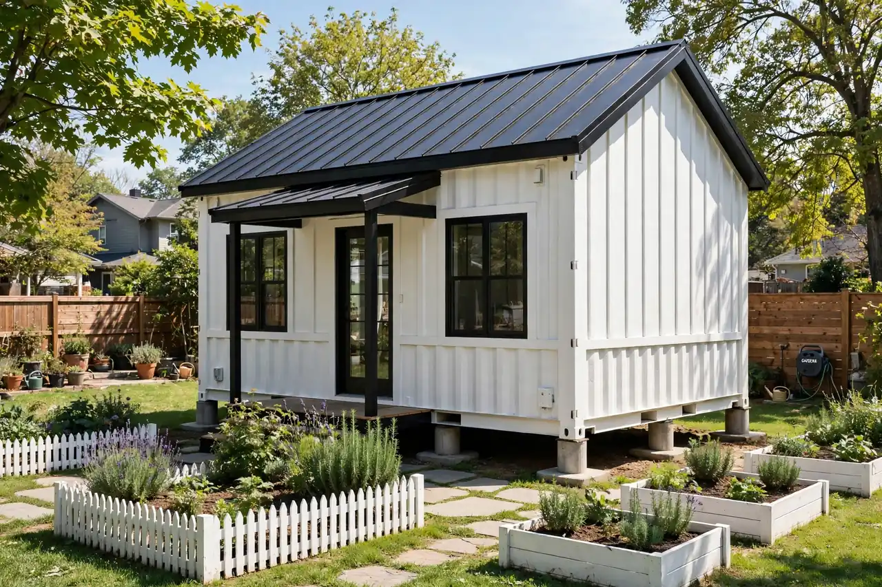 White board-and-batten shipping container guest house with black gabled roof and porch
