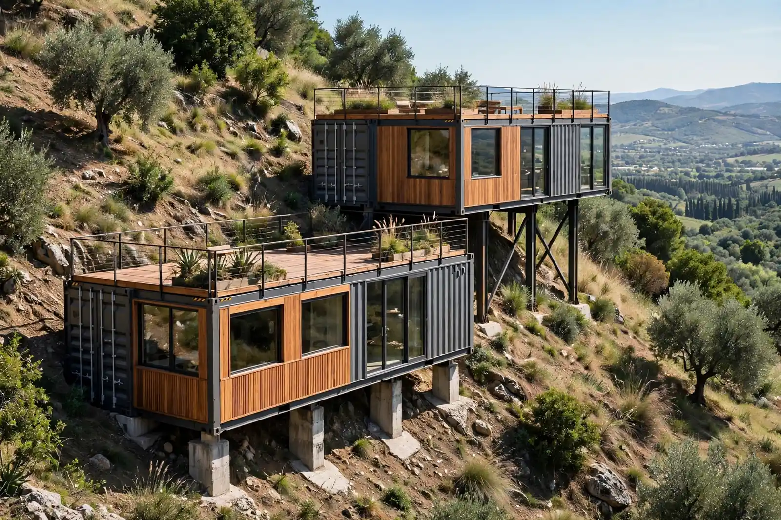 Two shipping containers stepped back up a steep slope, each with a rooftop terrace, supported on concrete piers and steel columns.