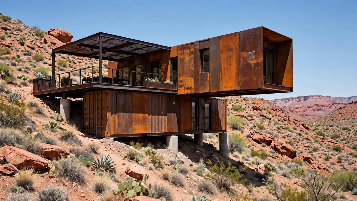 Container home clad in rust-orange weathered Corten steel on a desert hillside with a shaded steel deck