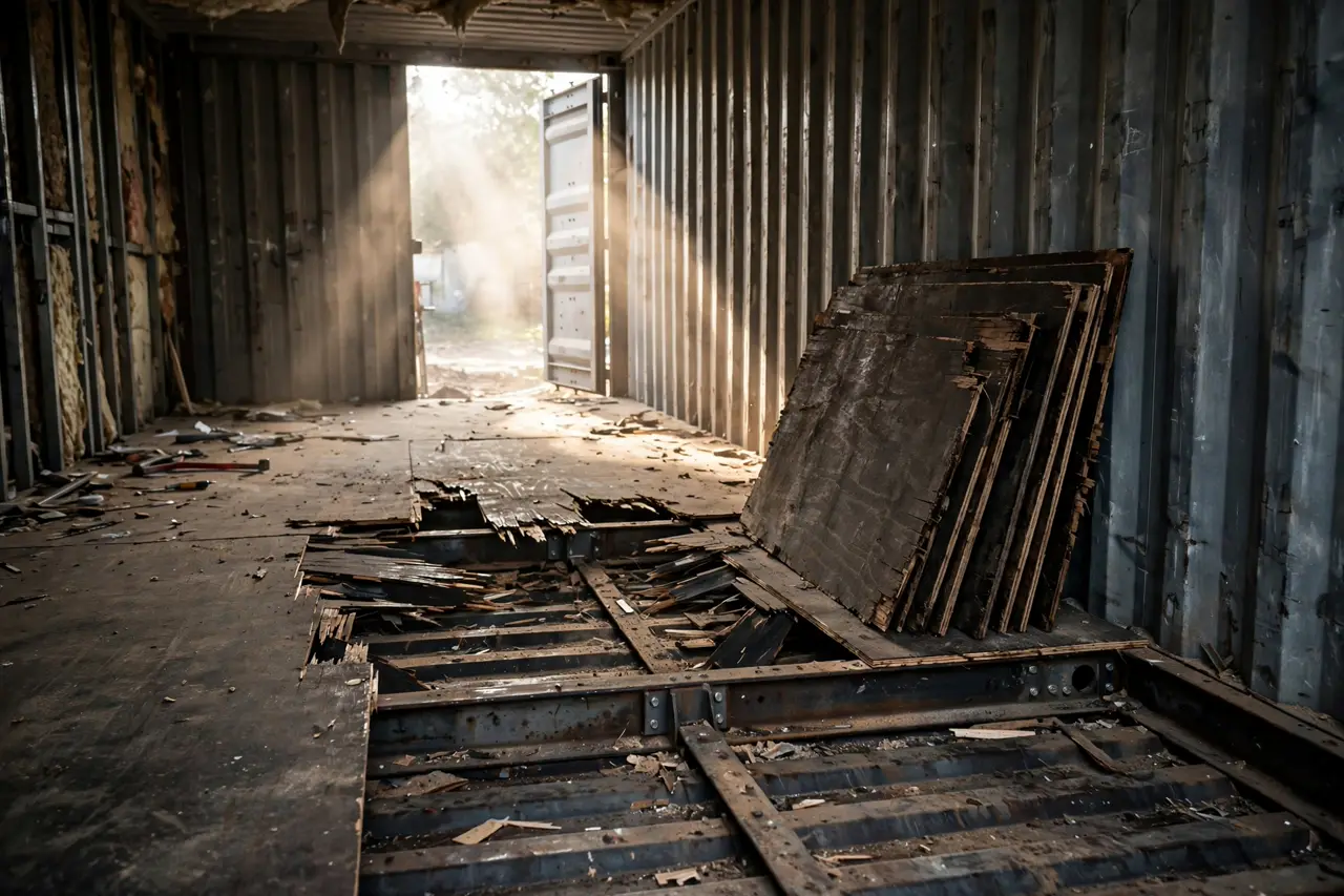 Interior of a shipping container under renovation with the old plywood floor torn up exposing steel cross members