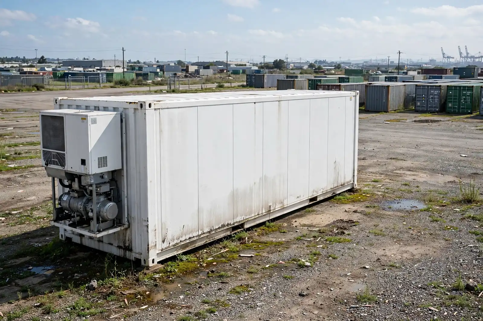 White refrigerated shipping container with cooling machinery unit parked in a depot yard