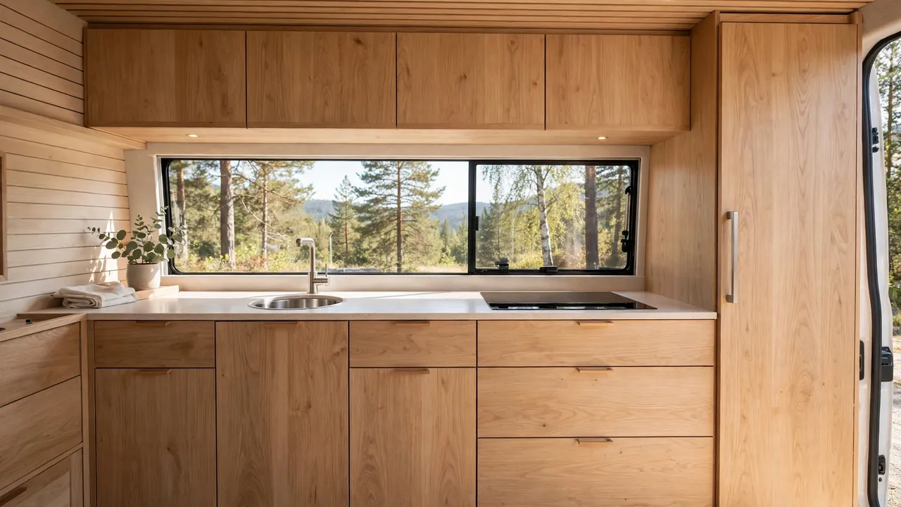 Camper van rear kitchen with counter under wide panoramic windows