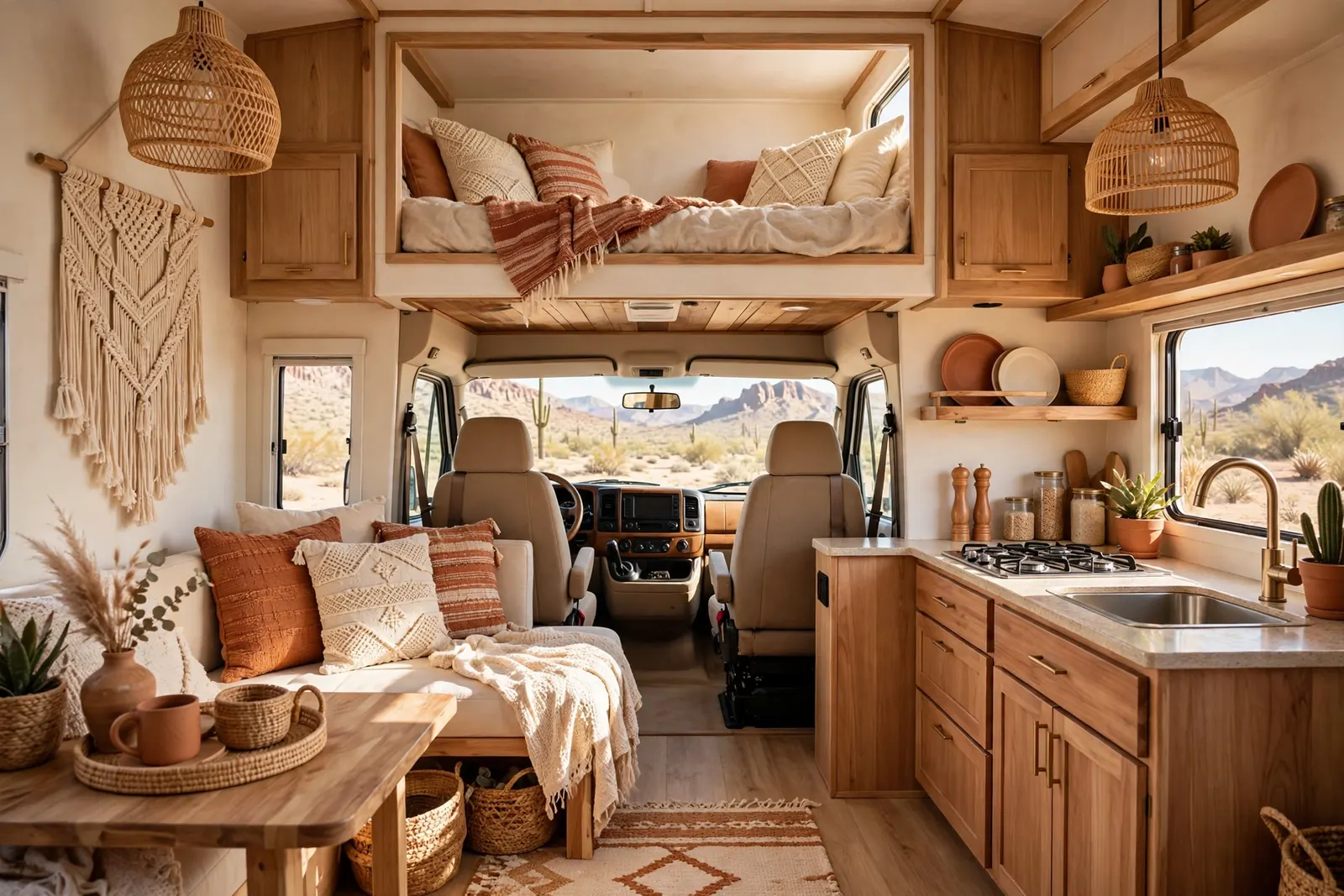 A sunlit boho-desert renovated Class C motorhome interior with rattan pendant lights, terracotta and cream woven textiles on the seating and cab-over bunk, a macrame wall hanging, warm wood cabinetry, and desert views through the windows.